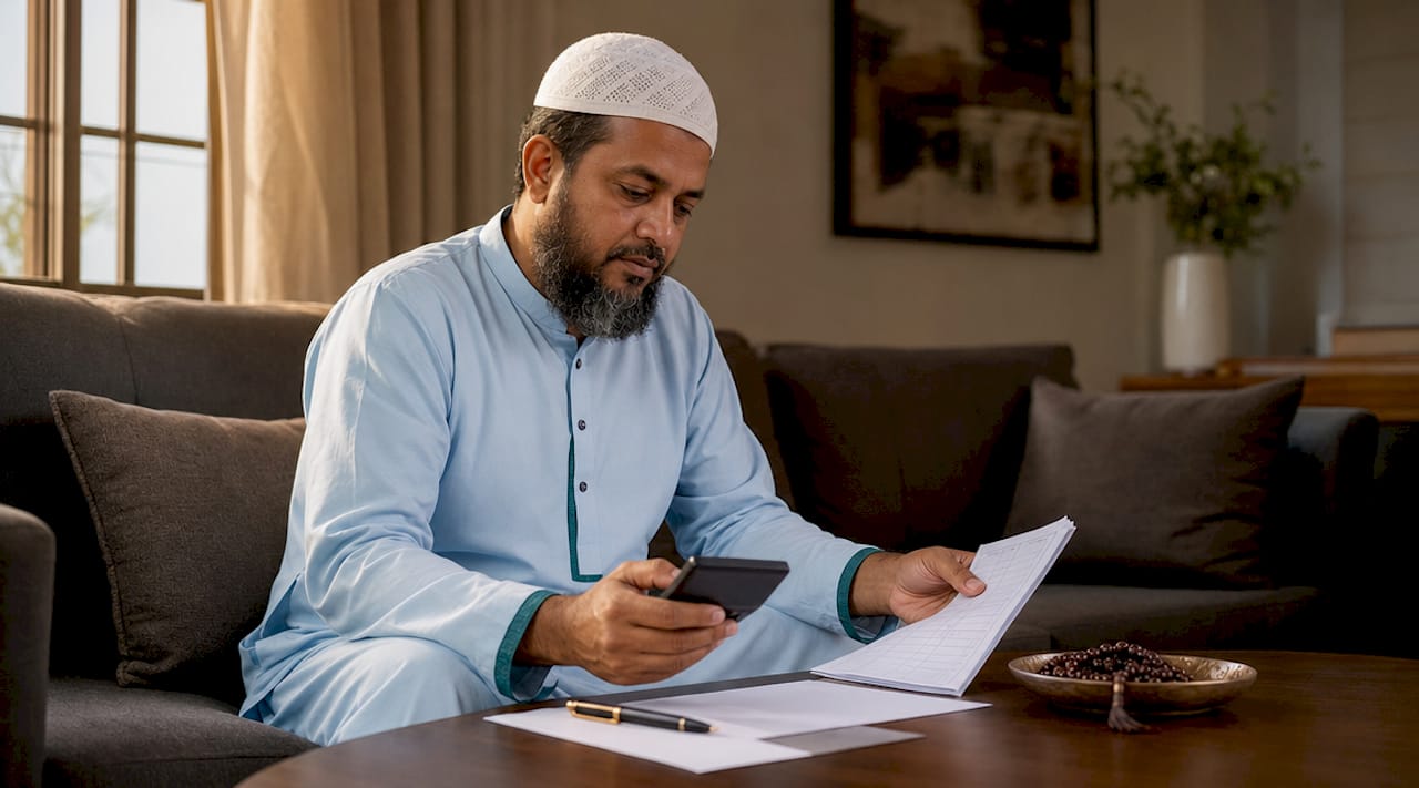 Man calculating zakat on savings at desk