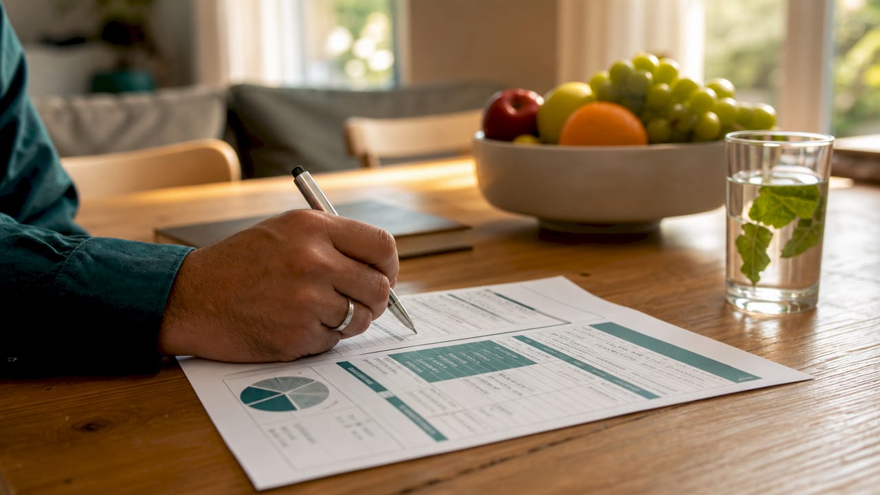 Hand holding pen over Islamic budget worksheet on desk