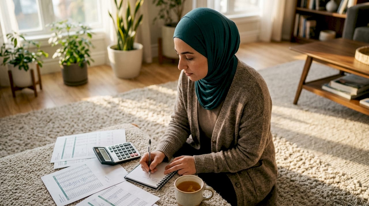 Muslim woman reviewing monthly budget at home table