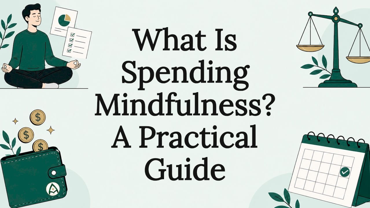 Decorative title card illustration with mindful spending elements