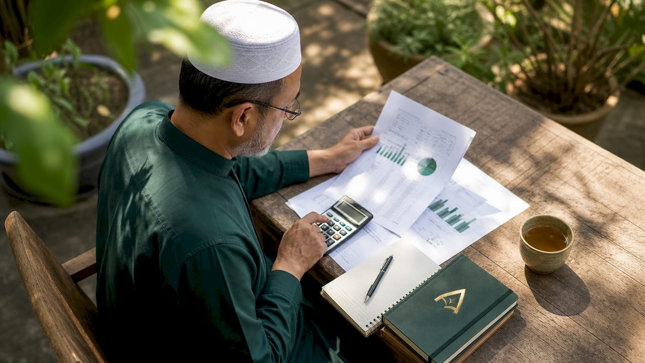 Muslim man reviewing financial papers at desk