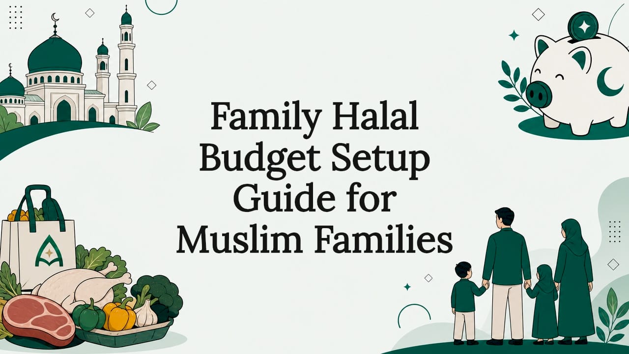 Illustrated title card featuring halal budget icons