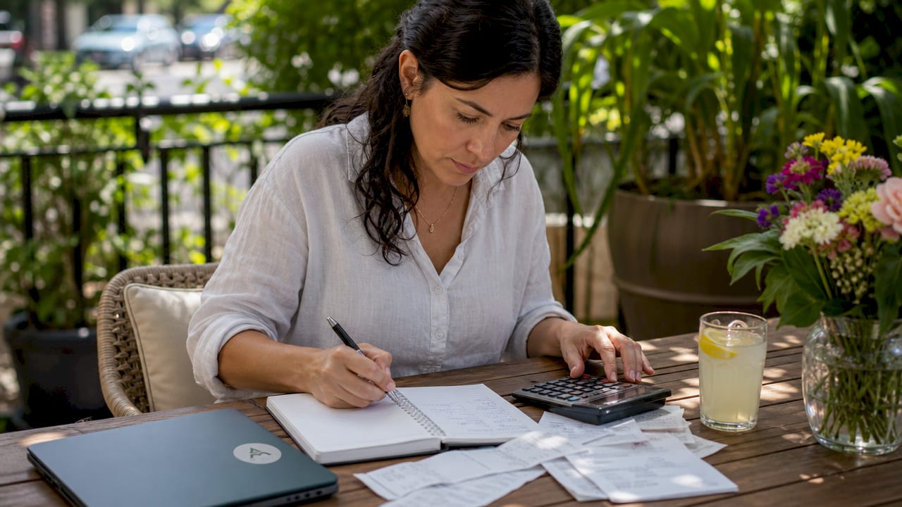 Woman tracking family spending at table