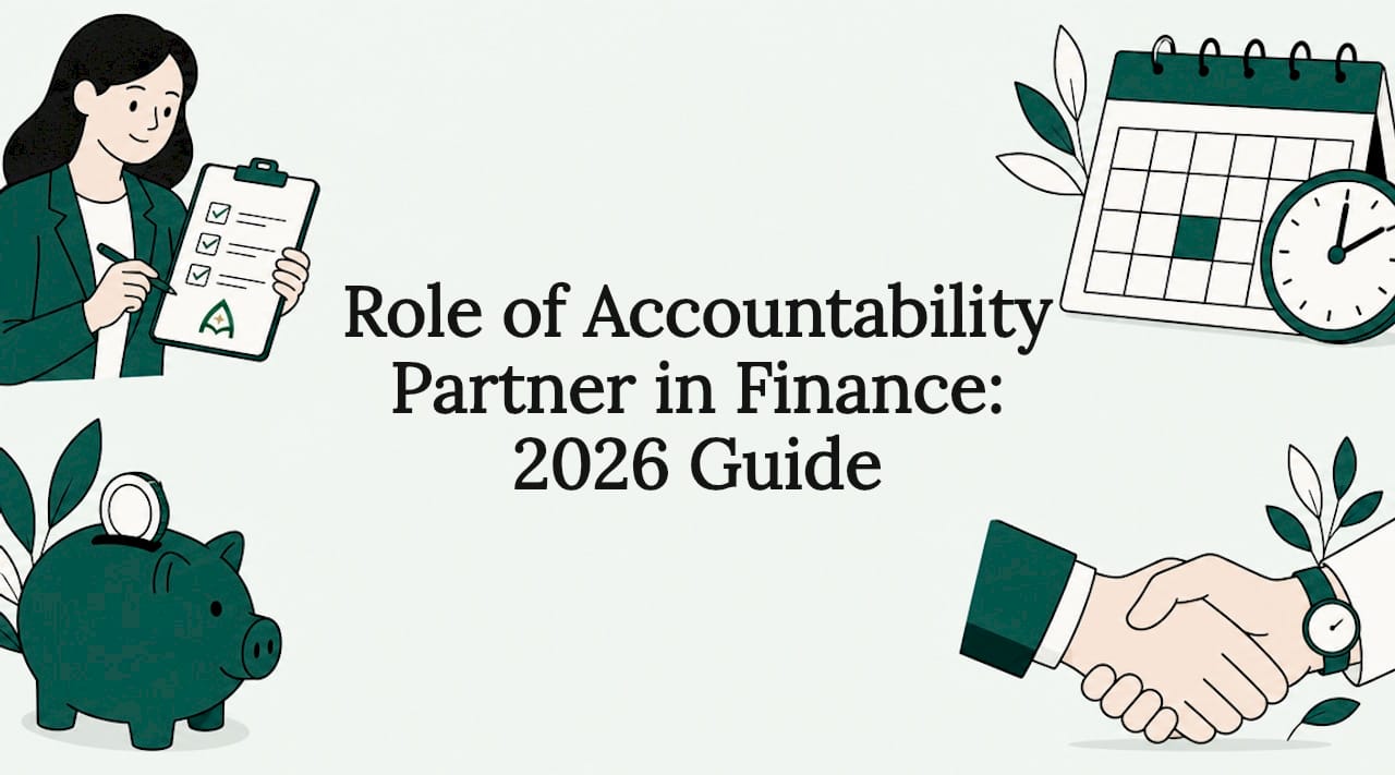 Decorative title card with finance accountability illustrations