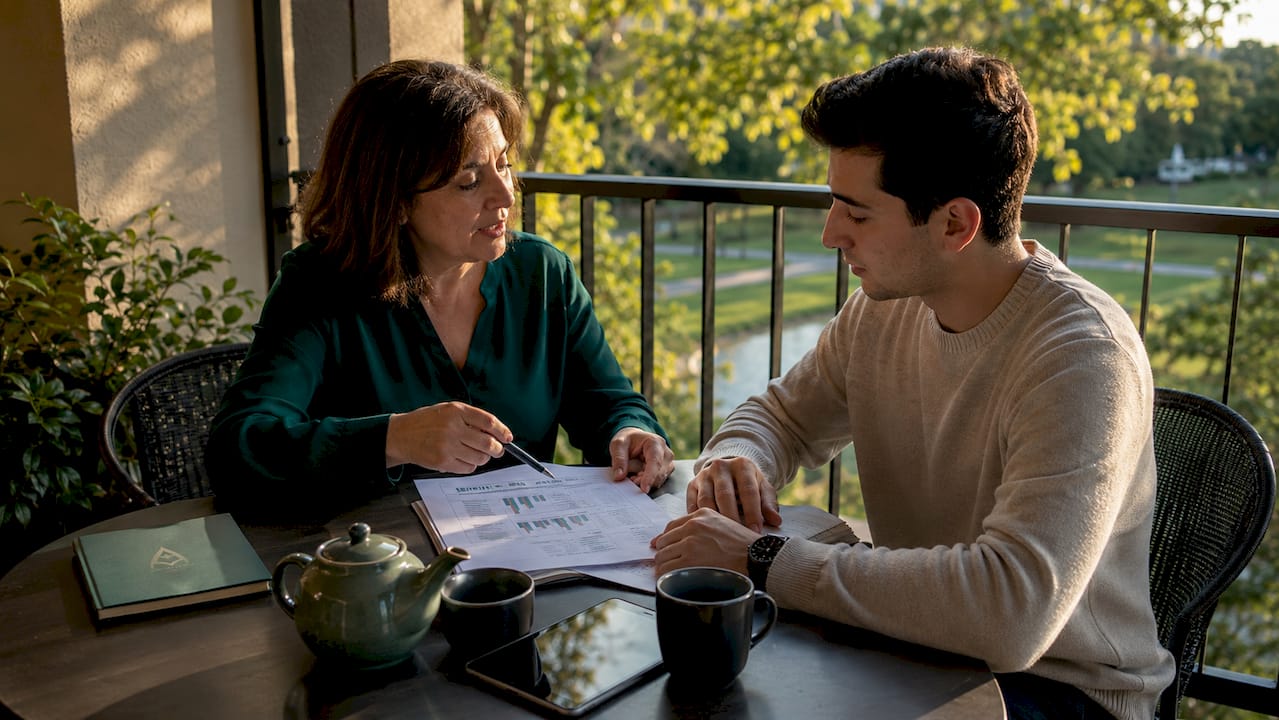 Two people reviewing finances at table