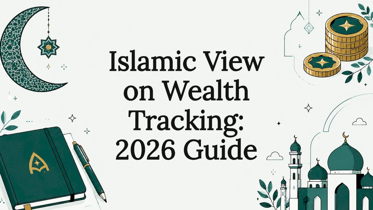 Decorative title card illustration with Islamic wealth symbols