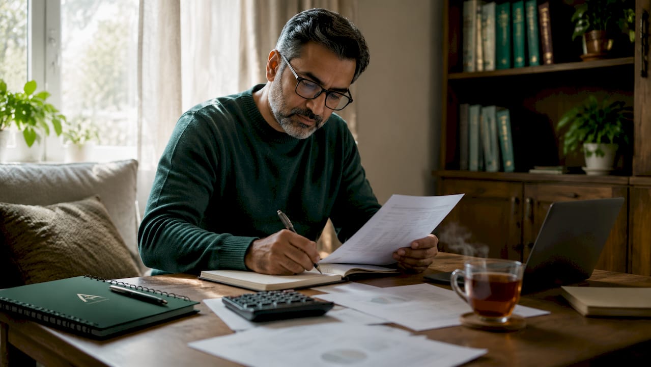 Man reviewing zakat wealth documents at desk
