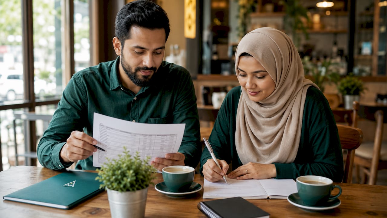 Muslim couple planning family finances at kitchen table