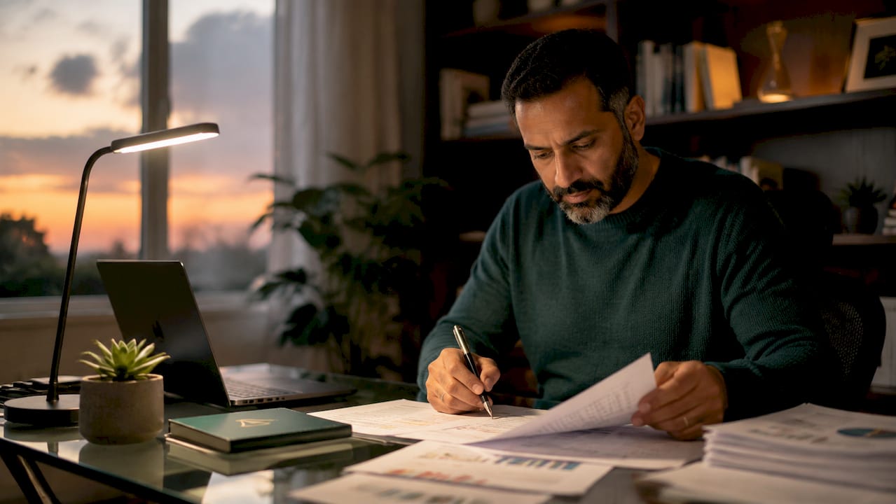 Muslim man reviewing financial documents at home desk