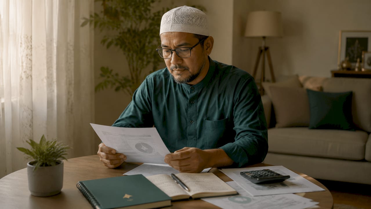 Muslim man reviewing halal savings documents