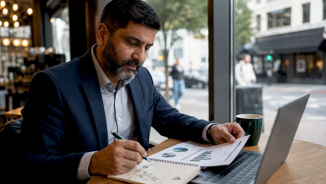 Man reviewing investment reports at office desk