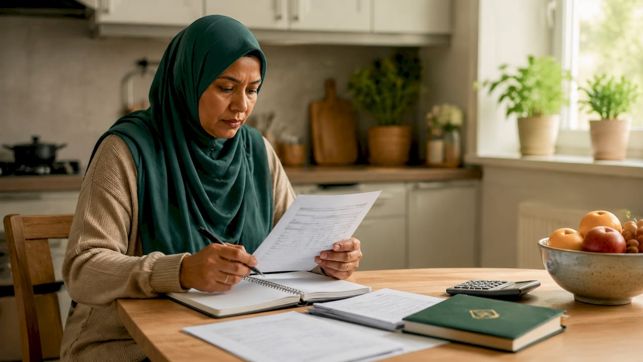 Muslim woman reviewing Hajj savings plan documents