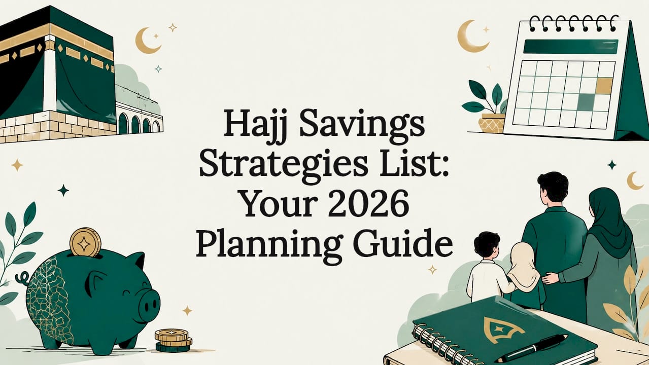 Decorative Hajj savings title card illustration