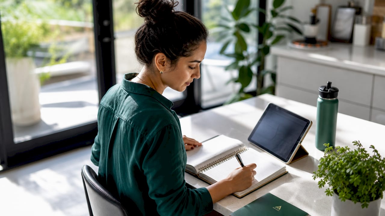 Woman planning budget with laptop and notes