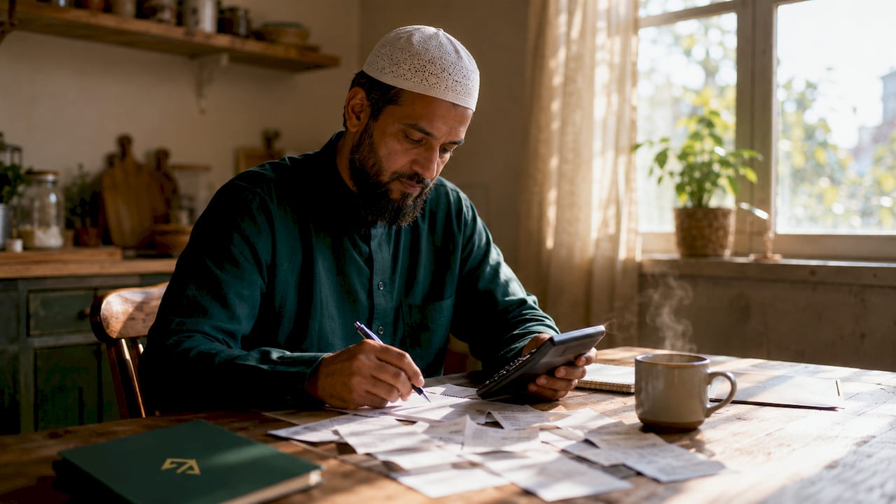 Muslim husband reviewing household bills at table