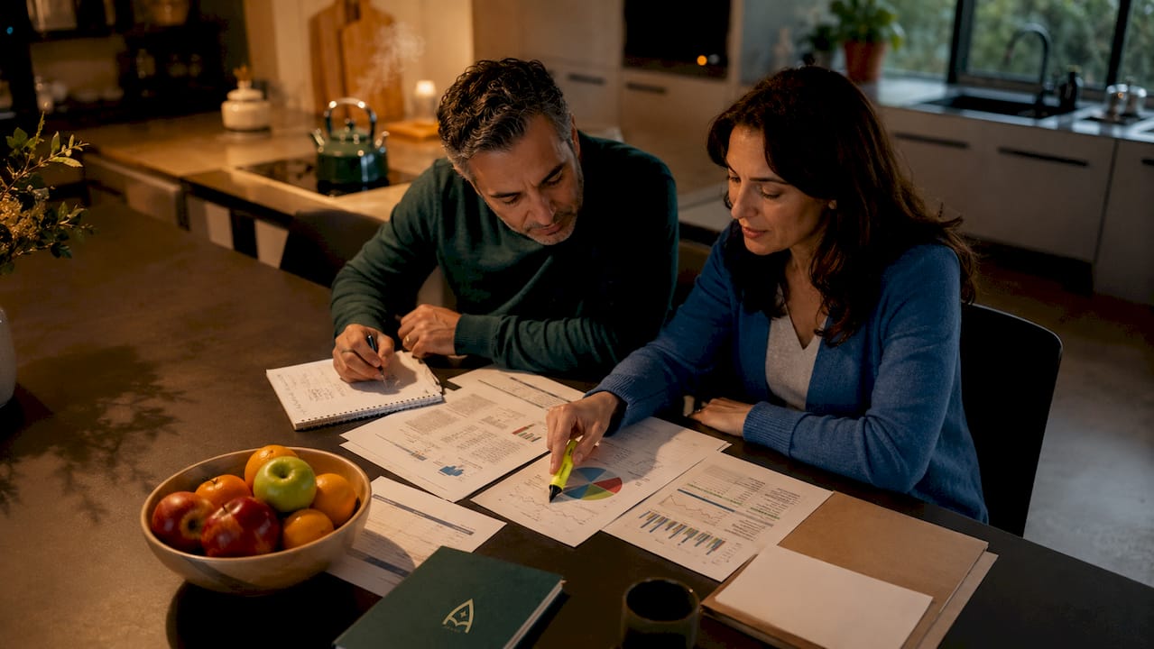 Middle-aged couple reviewing finances at home