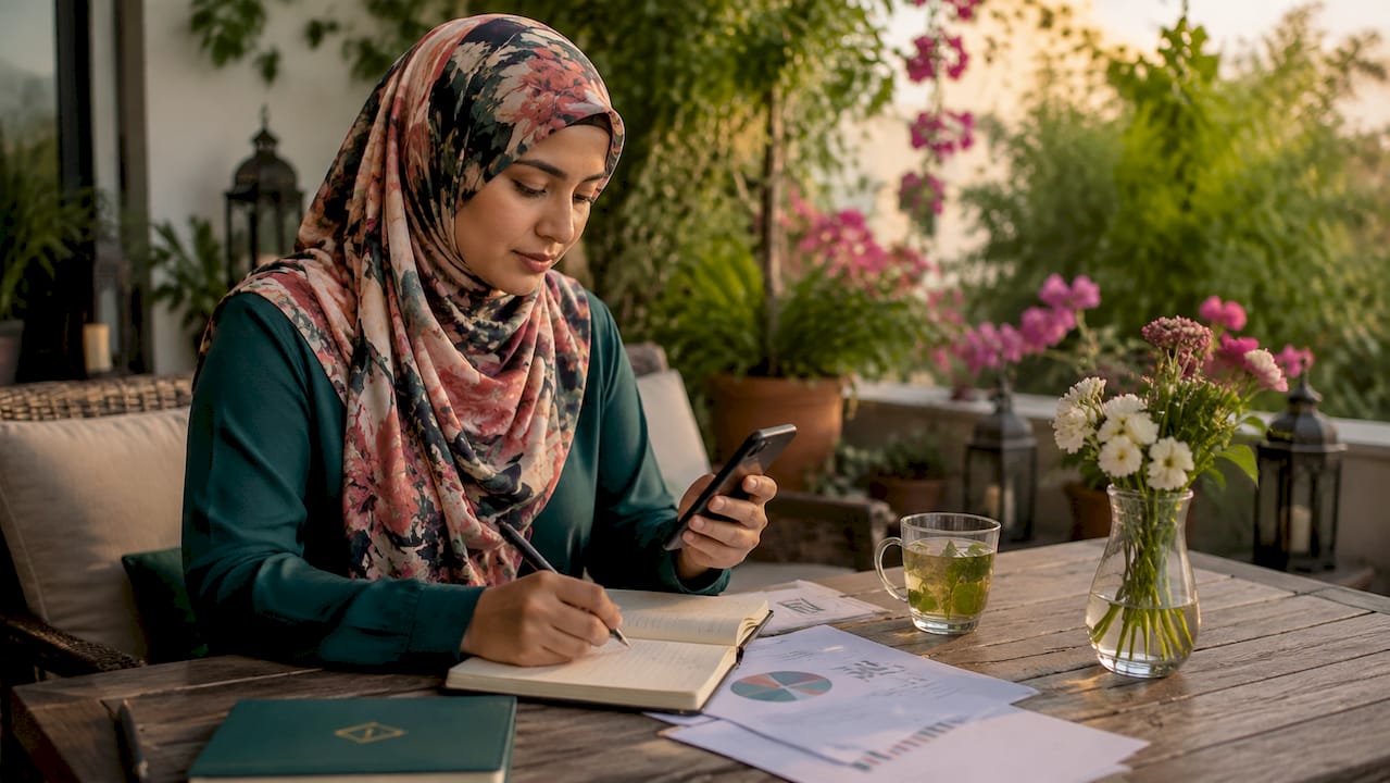 Muslim woman using a halal savings app at home