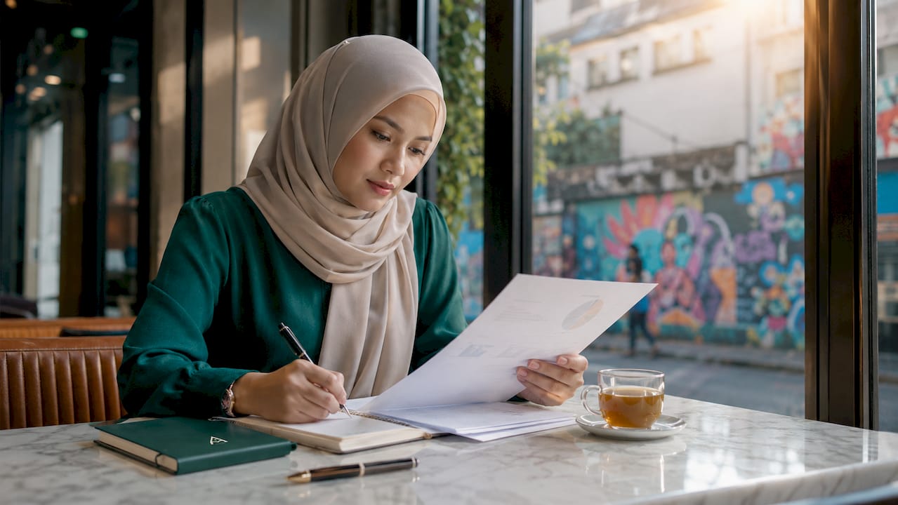 Muslim woman reviewing financial documents at desk