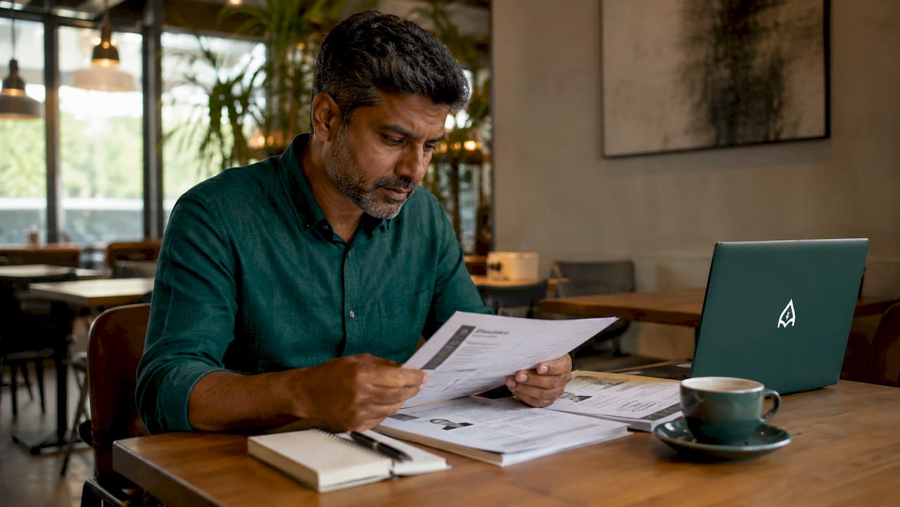 Man reviewing detailed personal data profiles at desk