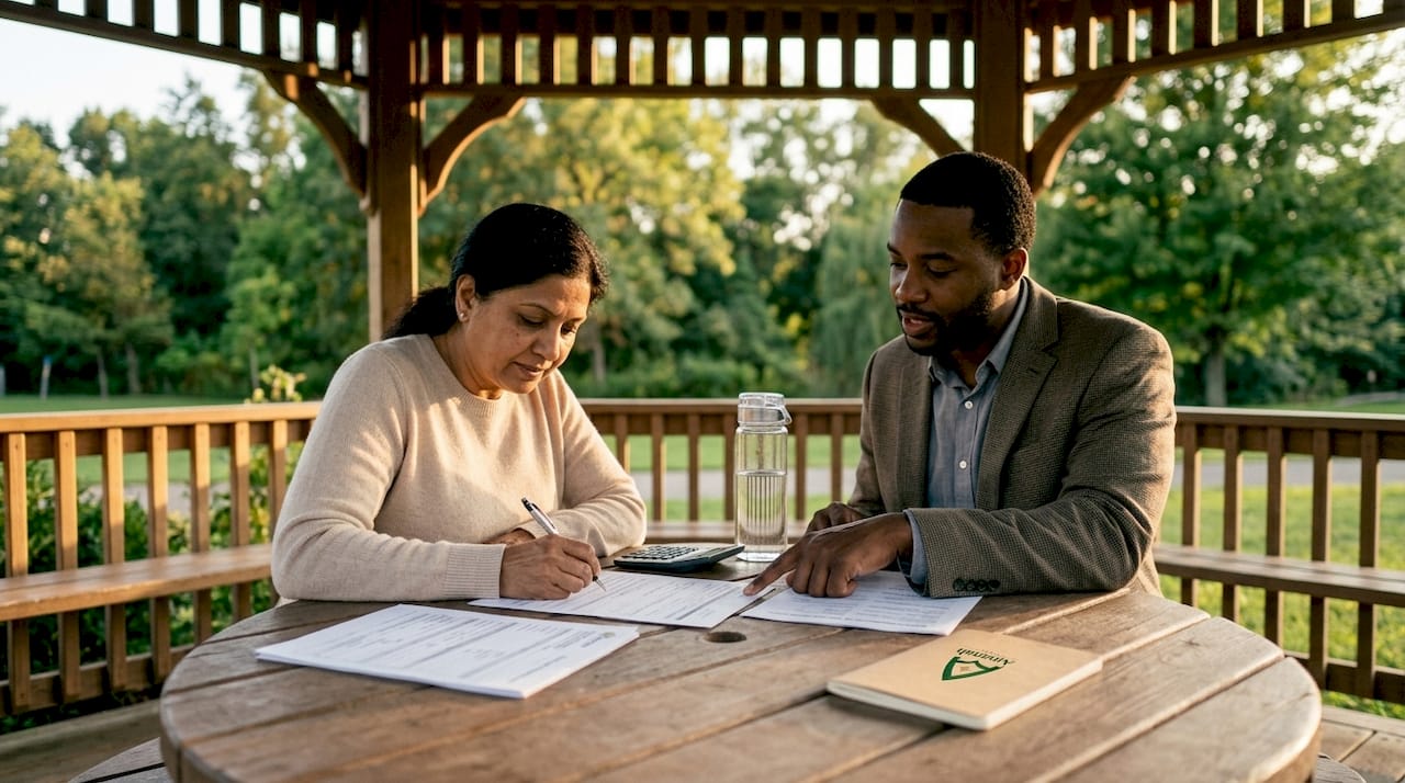 Community advisor helping woman with paperwork