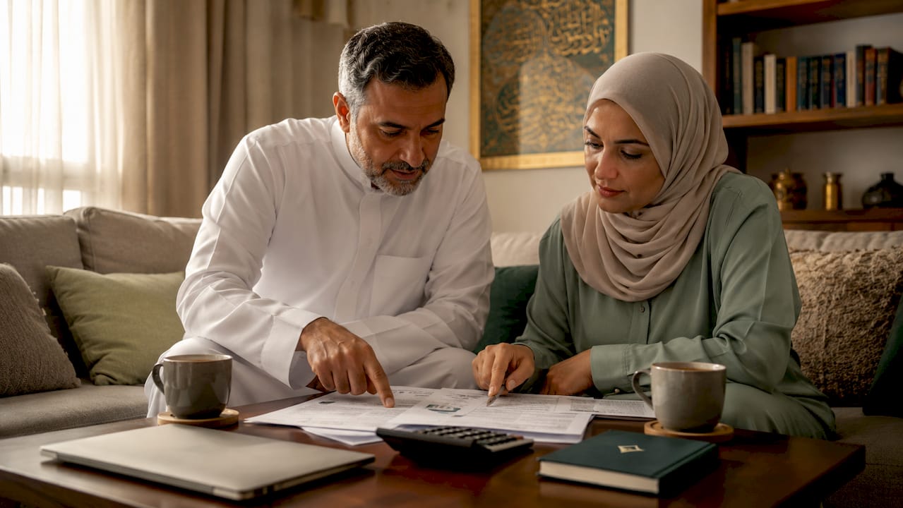 Muslim couple consulting finances at home