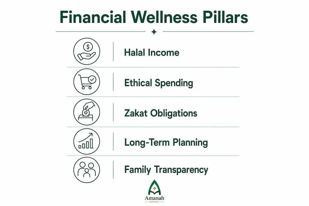 Infographic showing five pillars of Muslim financial wellness