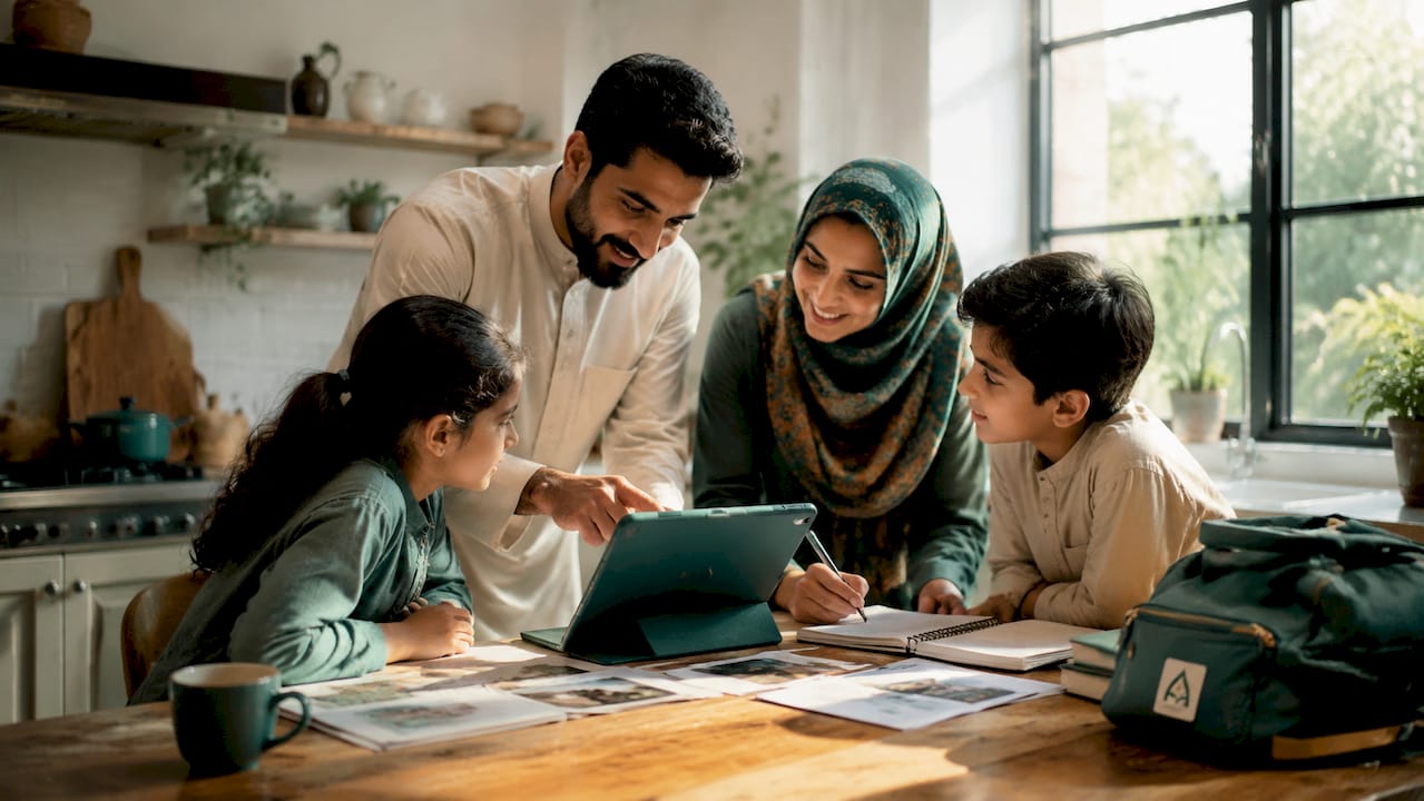 Family discussing Umrah trip budget documents