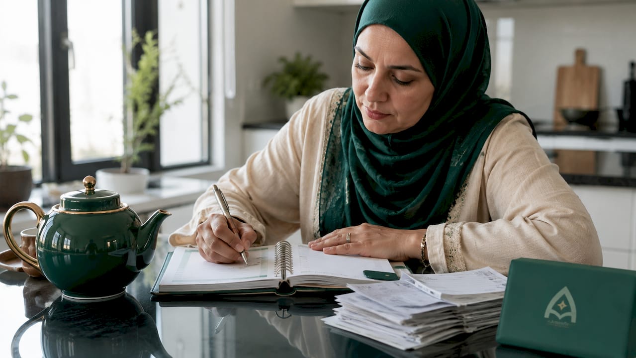 Woman writing in sadaqah tracking notebook at desk