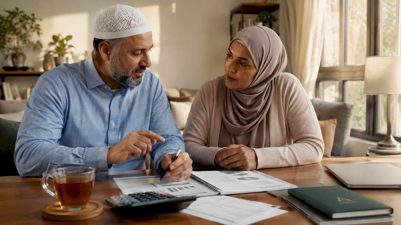 Muslim couple reviewing retirement budget at home