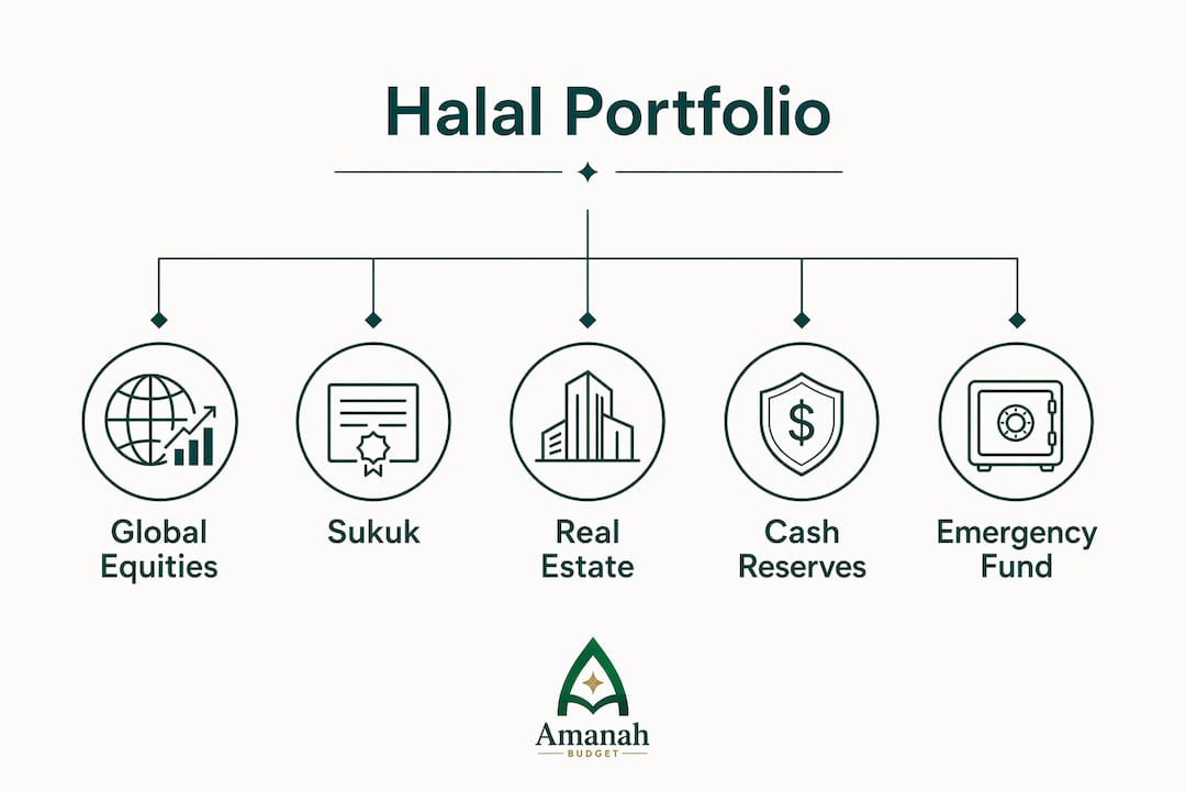 Infographic showing halal retirement portfolio diversification