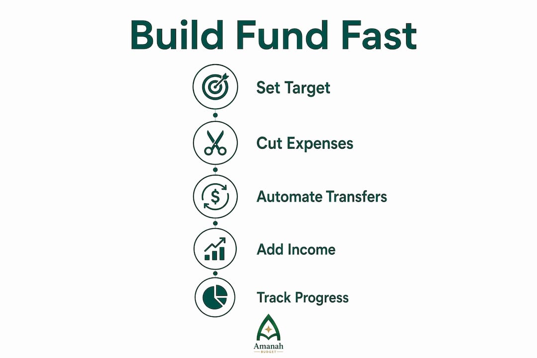 Infographic illustrating steps to build emergency fund fast