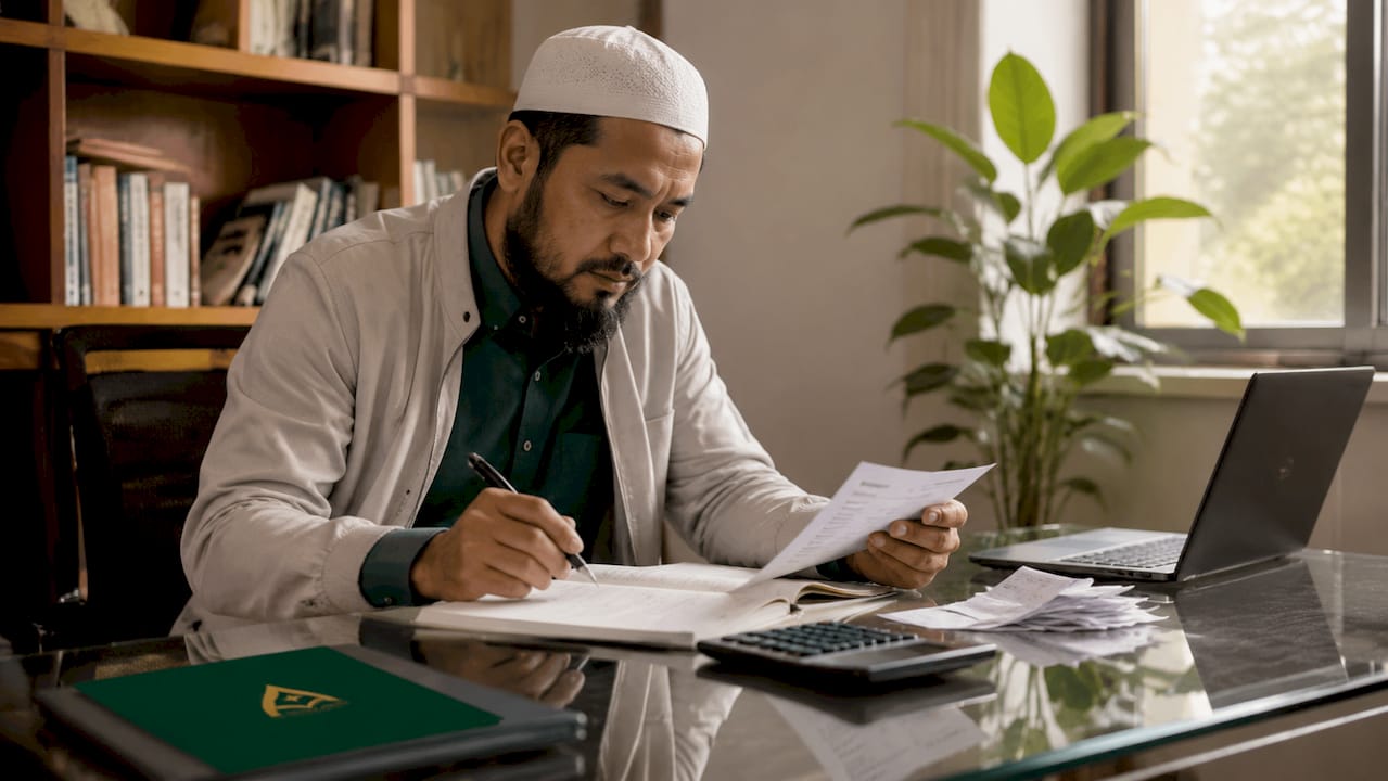 Man reviewing financial documents at home desk
