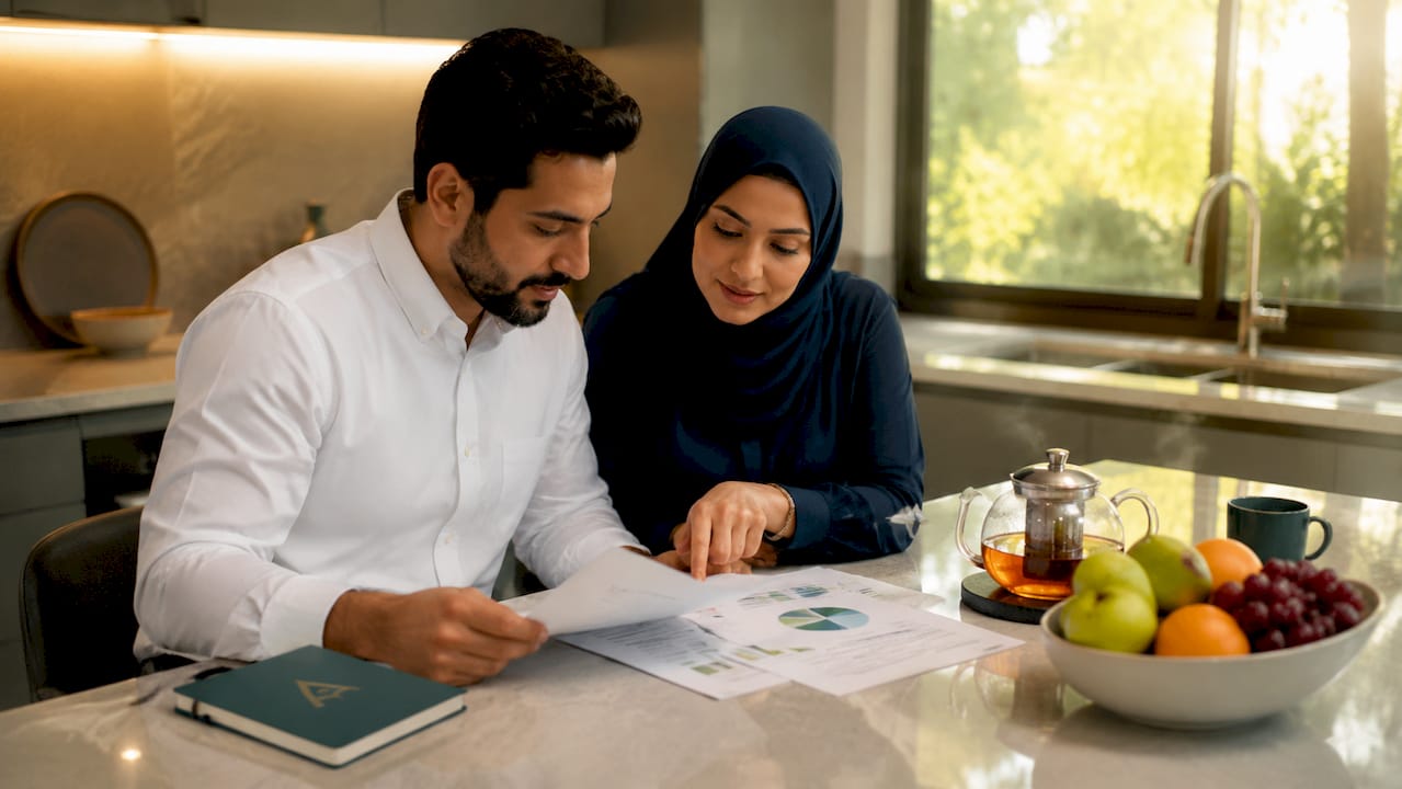 Muslim couple reviewing halal investment documents
