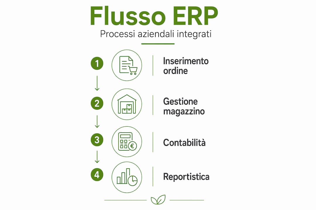 Schema grafico del flusso dei processi aziendali gestiti da un sistema ERP