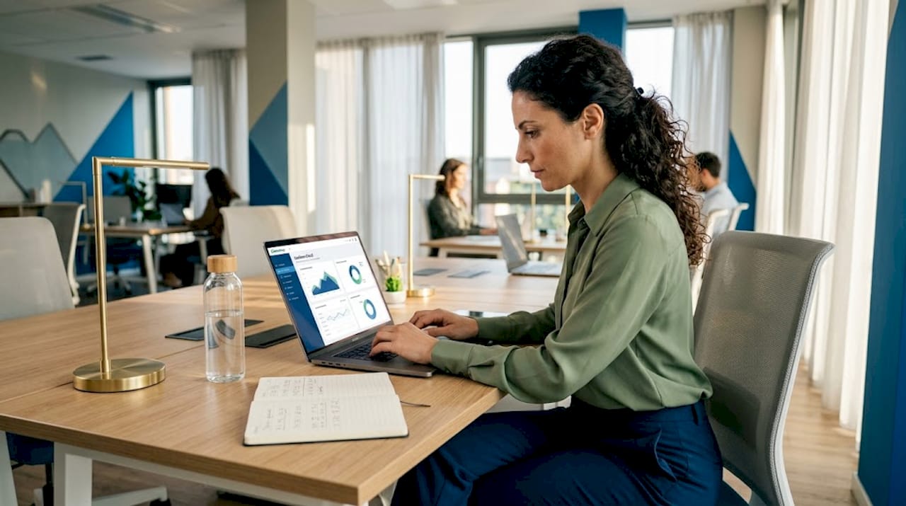 Un manager lavora alla scrivania utilizzando strumenti digitali basati sul cloud.