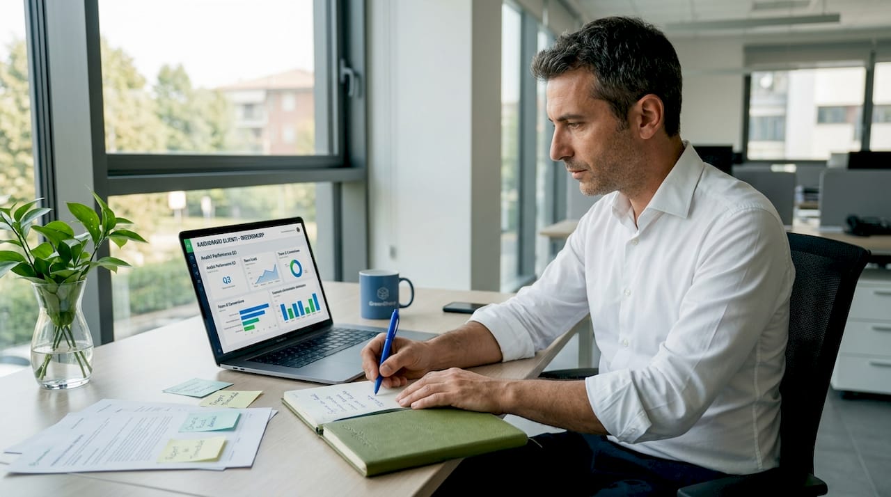 Responsabile che utilizza il pannello CRM per gestire al meglio le relazioni con i clienti