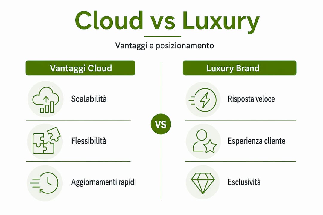 Infografica che mette a confronto i vantaggi del cloud e il posizionamento nel segmento lusso