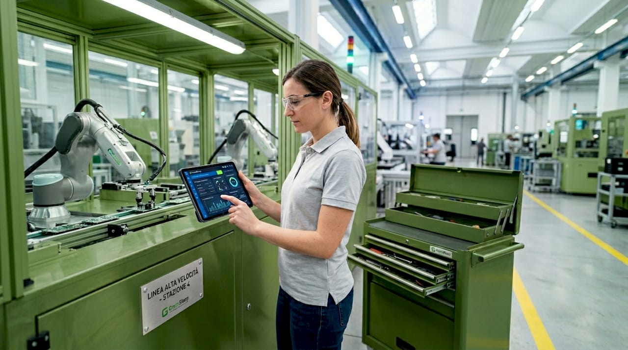 Un ingegnere supervisiona il funzionamento della linea di assemblaggio automatizzata, controllando che tutto proceda regolarmente.