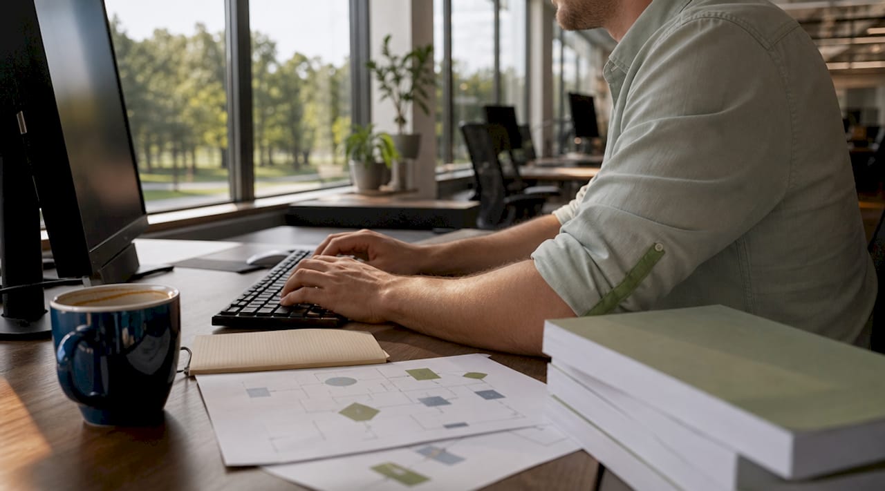 Mani che digitano sulla tastiera accanto a documenti relativi ai processi ERP