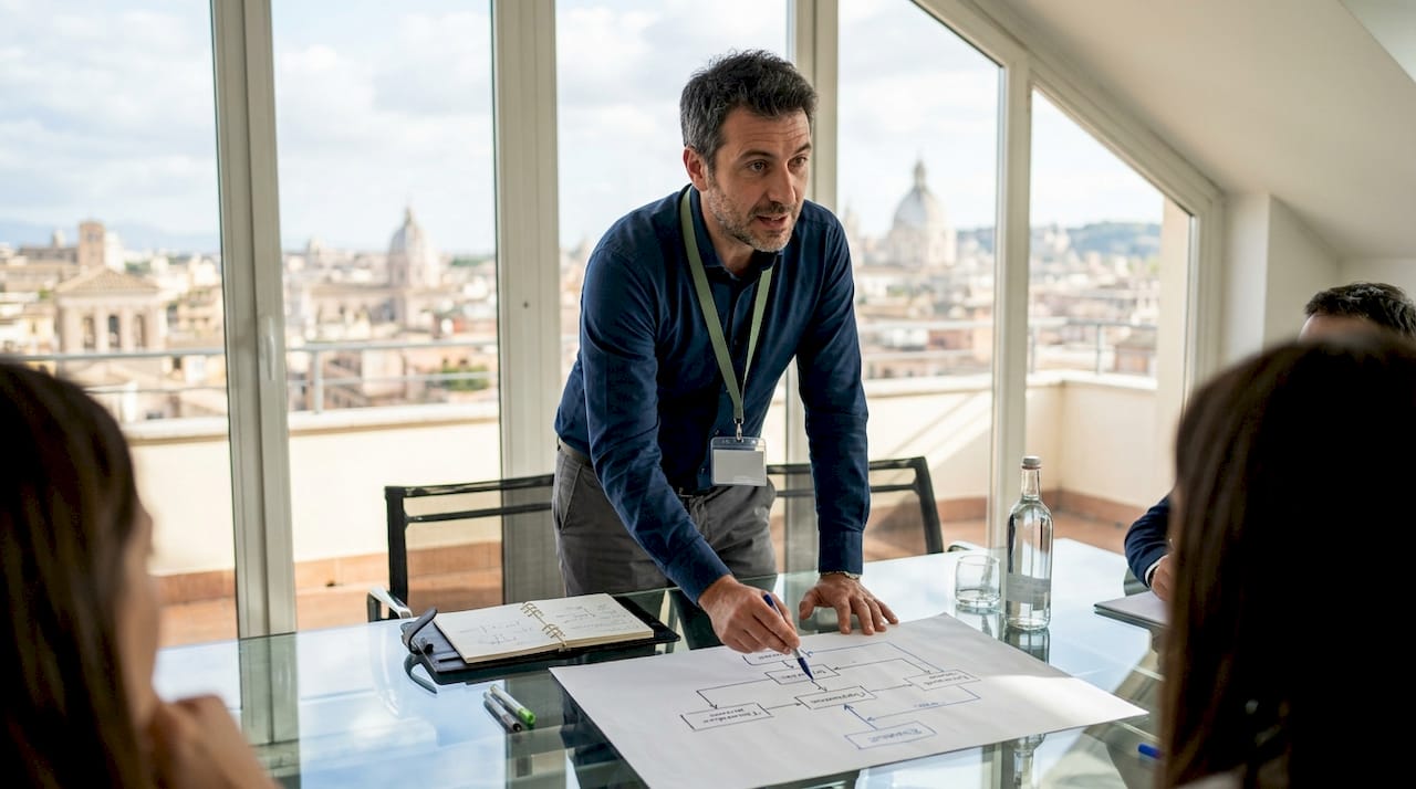 Consulente informatico che illustra i diagrammi di flusso dei dati su una lavagna