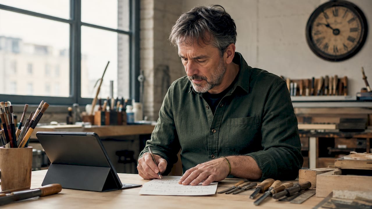 Un artigiano al lavoro nel suo laboratorio, dove alterna l’uso del tablet alle tecniche manuali tradizionali.