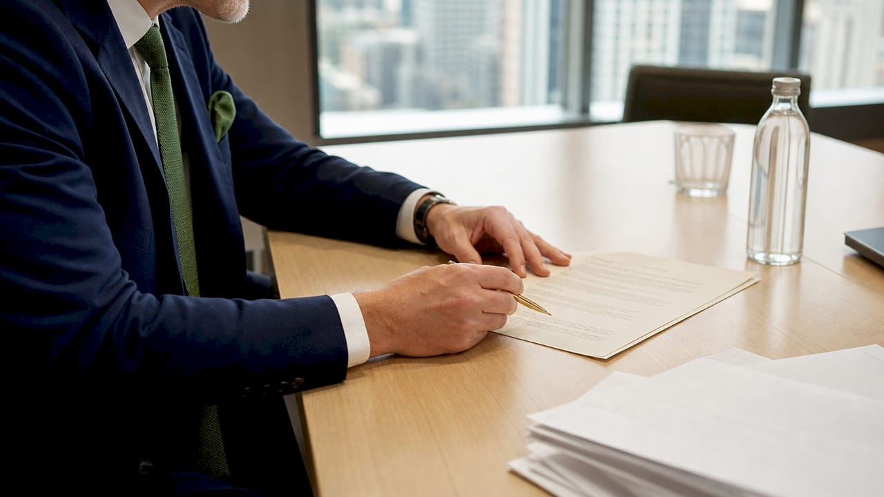 Mani che indicano con attenzione i dettagli di un contratto di lusso