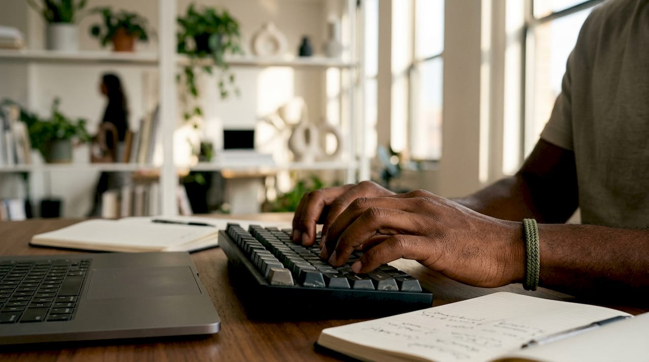 Dettaglio delle mani sulla tastiera in un moderno spazio di coworking