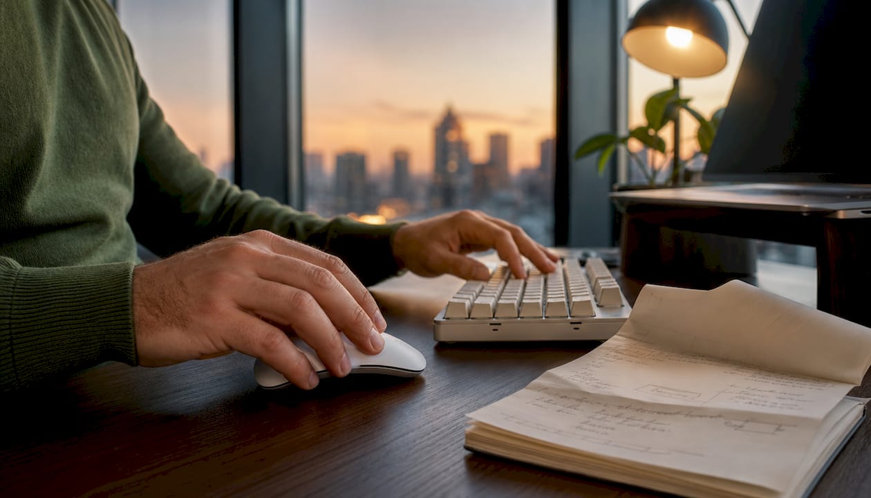 Le mani esperte di un professionista all'opera tra tastiera e blocco note in ufficio.
