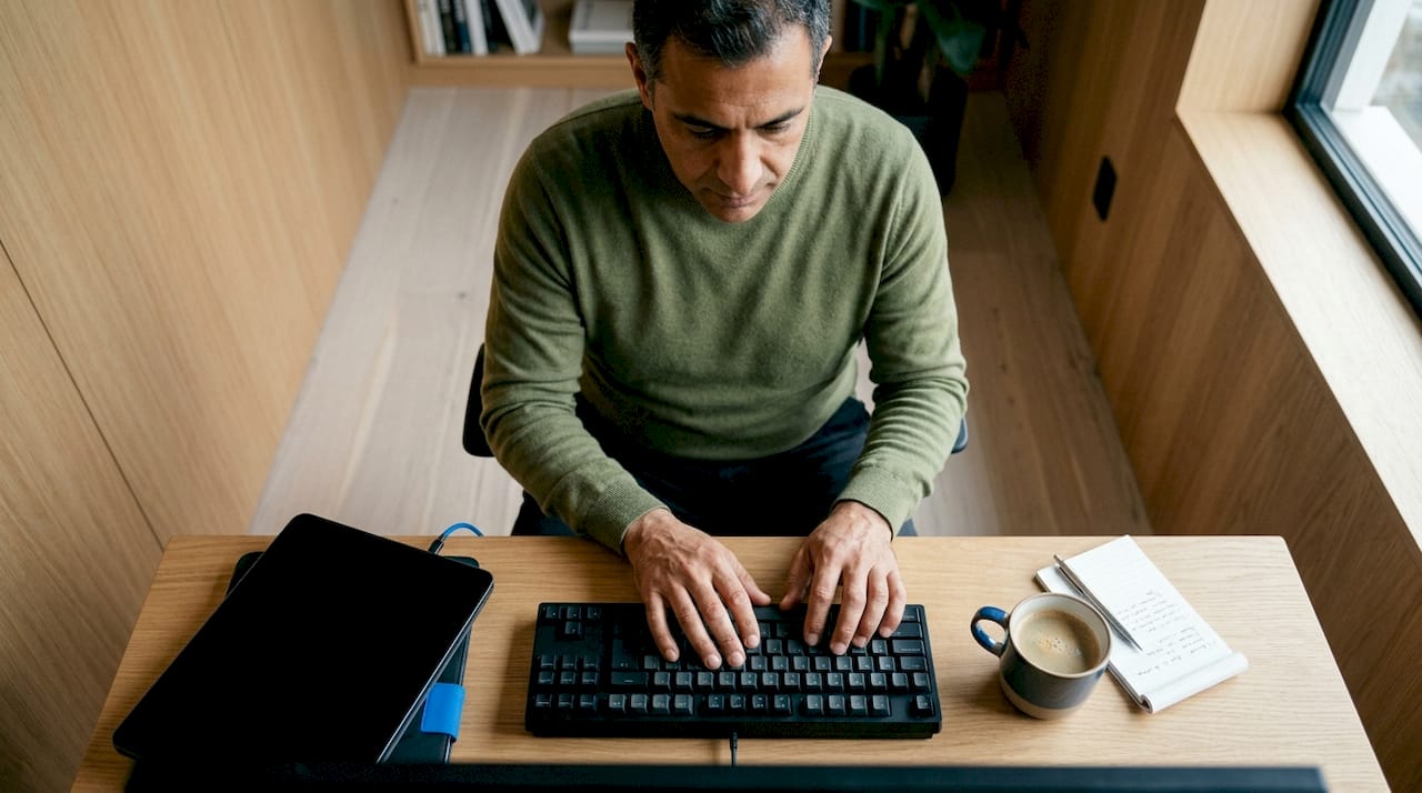 Mani al lavoro sulla tastiera mentre si scrivono smart contract in ufficio
