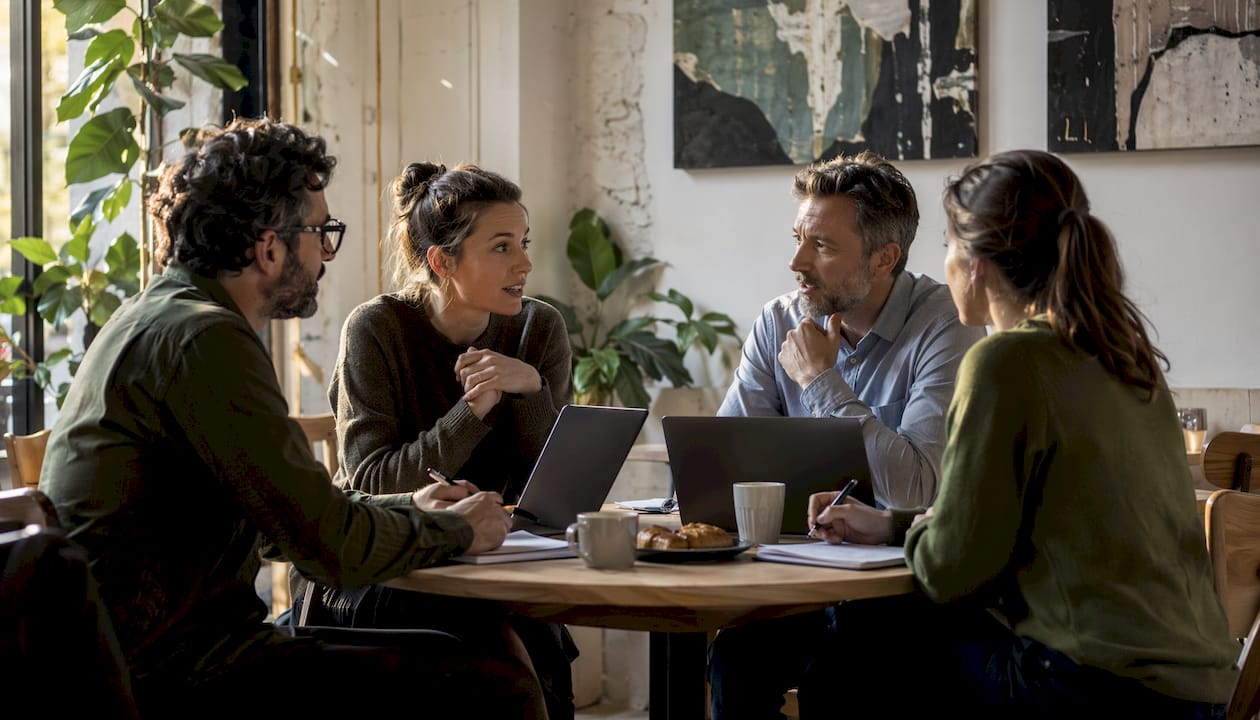 Un gruppo di lavoro che sviluppa una strategia digitale per l’ambiente professionale, riunito in uno spazio di coworking.