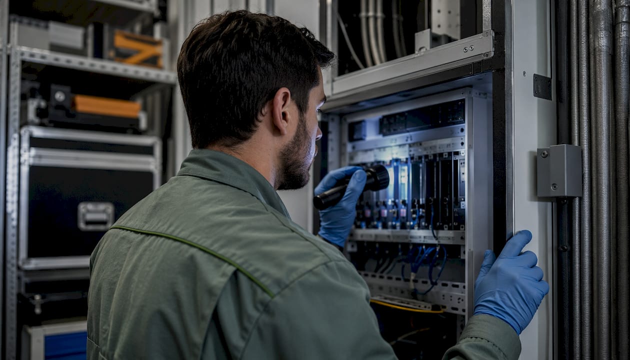 Un tecnico controlla attentamente un dispositivo OT con le proprie mani.