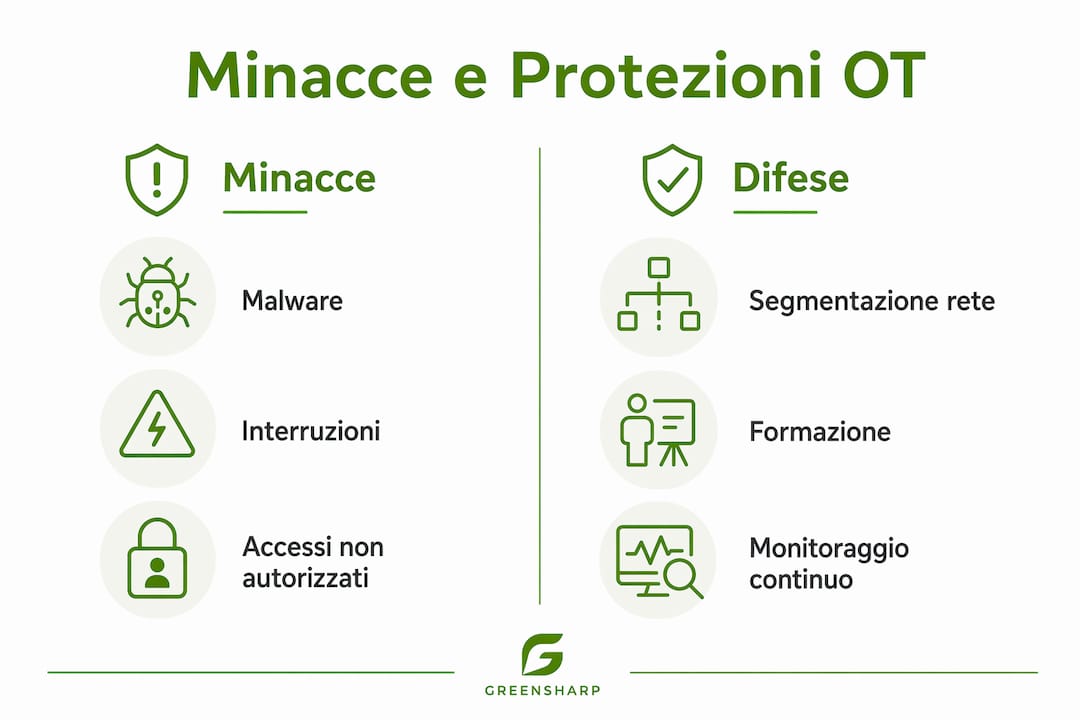 Infografica sulle principali minacce e le strategie di difesa per la sicurezza OT