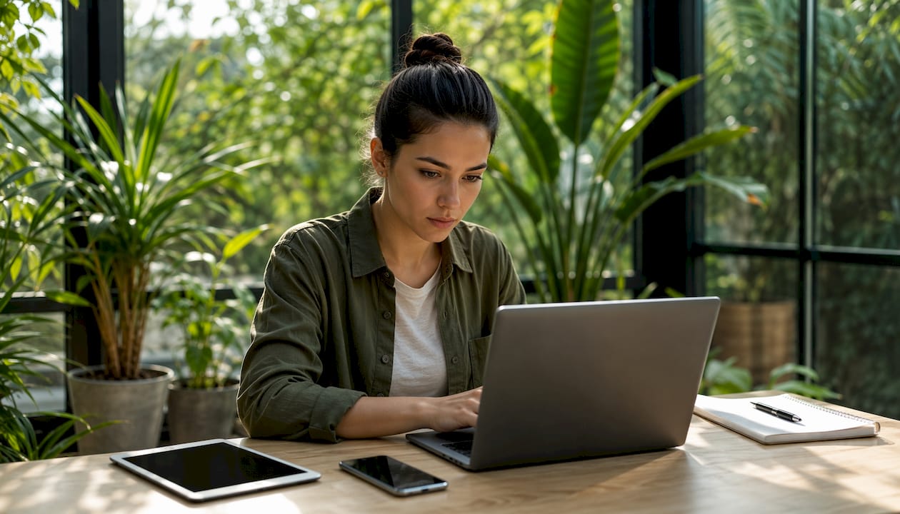 Una donna d'affari sta valutando nuove soluzioni digitali comodamente dal suo salotto.
