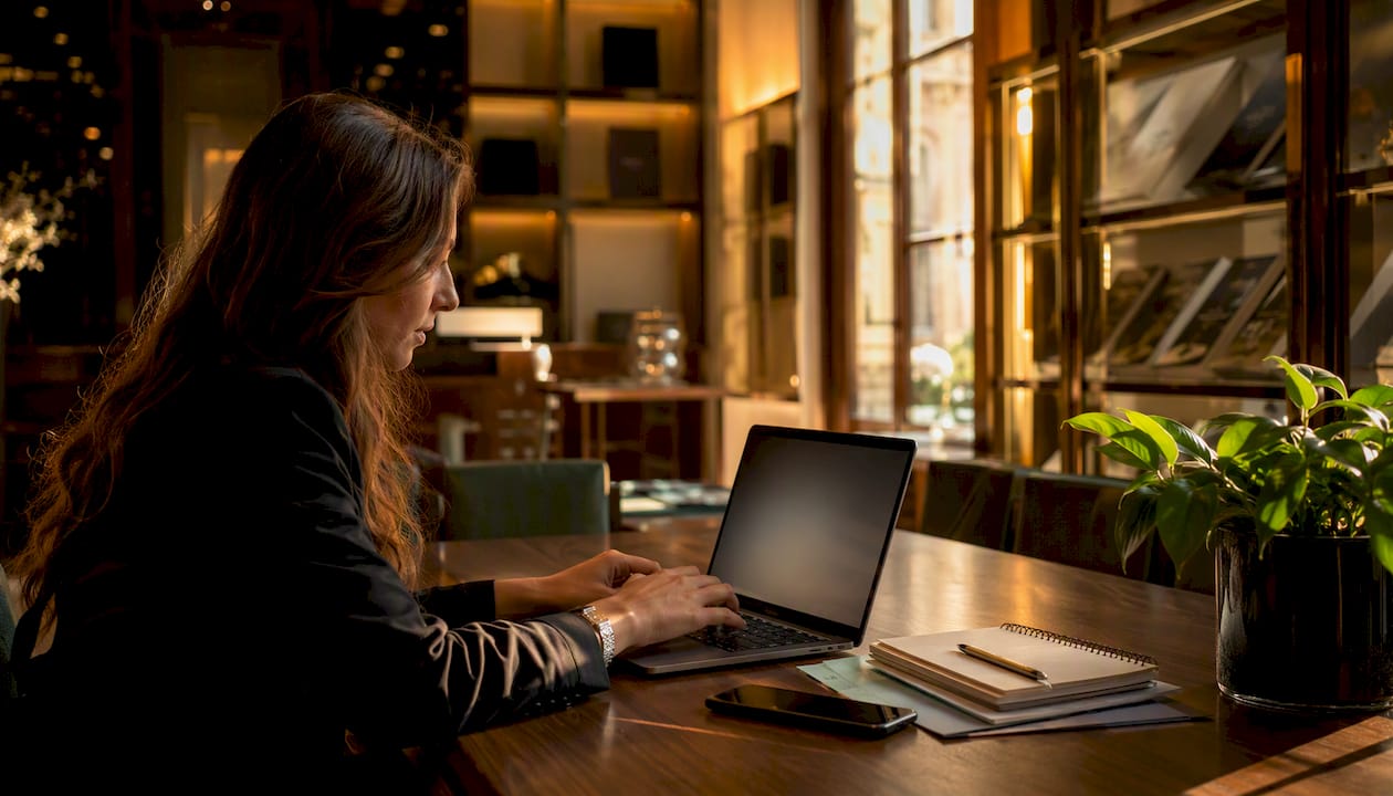 Mani che digitano sulla tastiera di un laptop in un elegante ufficio di un negozio di lusso.